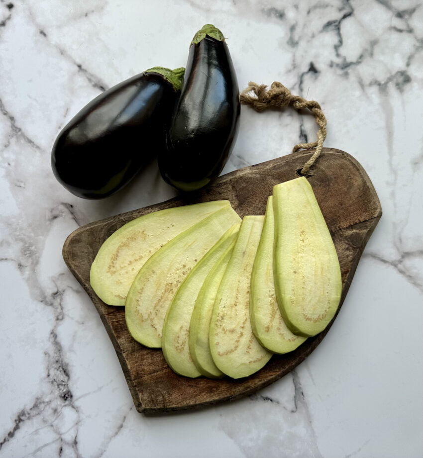 sliced aubergines used for the vegetarian eggplant ricotta lasagna