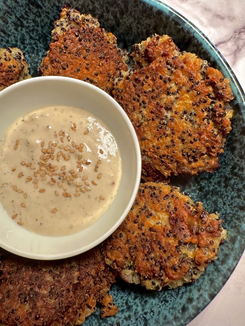 Low GI quinoa patties sweet potato tahini sauce