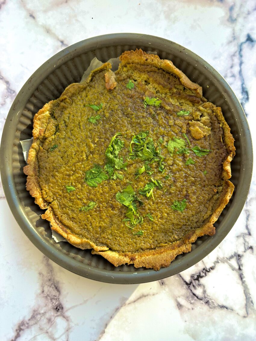 Carrot Tops Pesto Broccoli and Coconut cream Vegan quiche