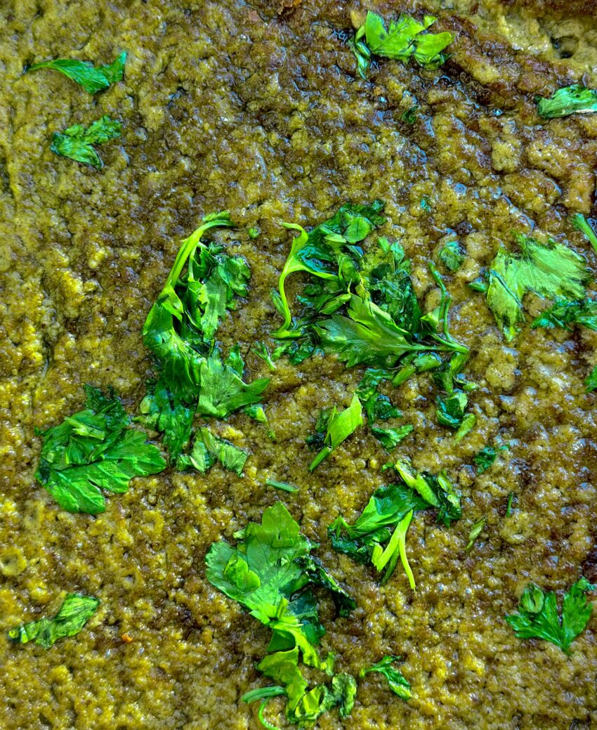 Carrot tops pistachio chili pepper pesto