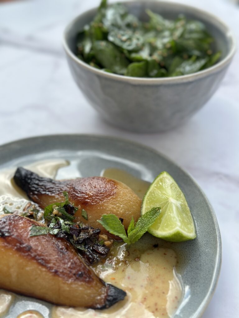 roasted pears spicy whipped honey tahini white miso spinach salad